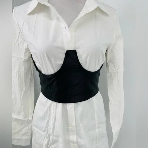 White Long Sleeve Mini Shirt Dress with Black Faux Leather Corset Belt - Picture 11 of 14